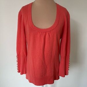 Beth Bowley Coral Cashmere Pearl Button Cuff U-Neck Sweater NWT Size Large $220